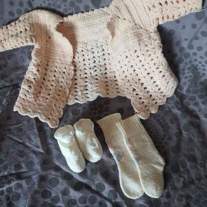 Vintage Knitted Booties Socks Sweater Baby Girl Size 3-6 Months Pink Cardigan